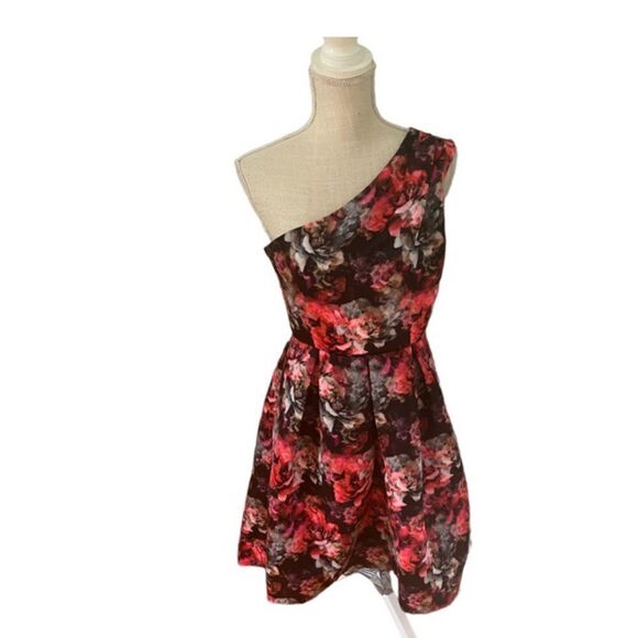 Parker Black One Shoulder Floral Dress 6 - Picture 1 of 5